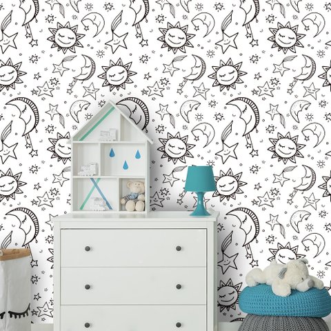 Papel de Parede Infantil - Lua, Sol e Estrelas 1 Arte Destaque 3 Metros