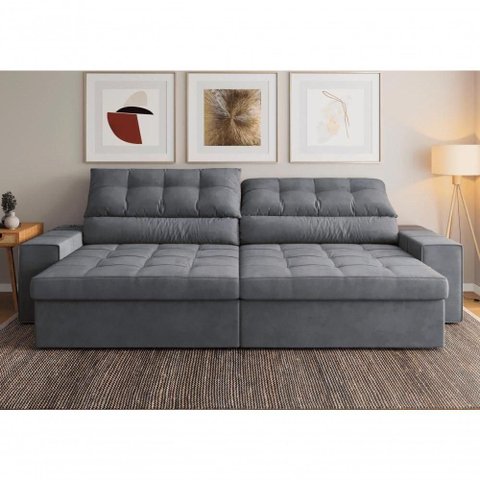 Sofá com Chaise Medelín 5 Lugares Retrátil e Reclinável 275cm Grafite Suede