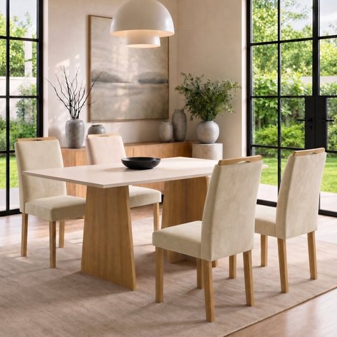 Conjunto de Mesa de Jantar 4 Lugares Lyra 120x80cm MDF Cinamomo e Off White