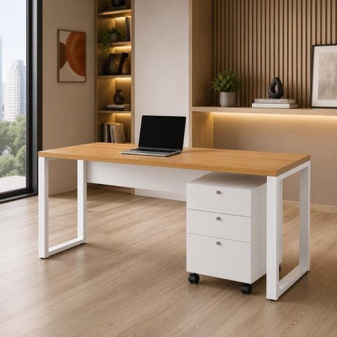 Mesa Escrivaninha Industrial 160cm x 60cm e Gaveteiro com 03 Gavetas 100% MDF F5 Office Cor:Freijó