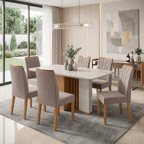 Conjunto Sala de Jantar 6 Lugares Quadrada Tampo MDF Mesa Astrid com Cadeiras Apogeu Bege Amêndoa Clean/Off White/Naturale Creme