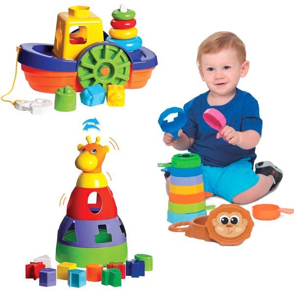 Brinquedos para Bebês Barco + Empilha Baby Macaco + Girafa