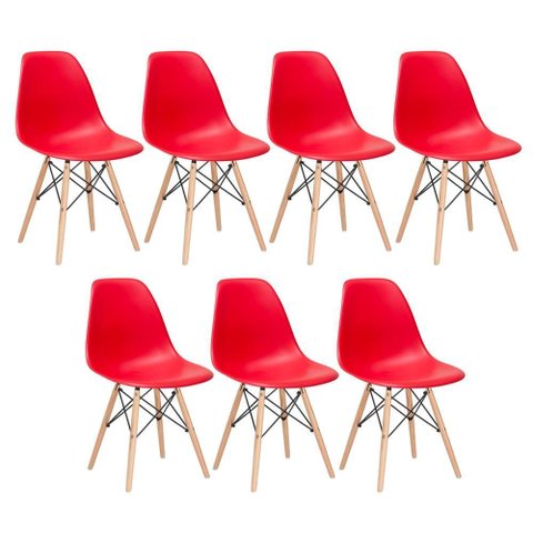 Kit 7 Cadeiras Charles Eames Eiffel Dsw - Base de Madeira Clara - Vermelho Multicolorido