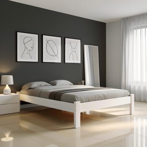 Cama Casal King Oriental em Madeira Maciça Cor Branco