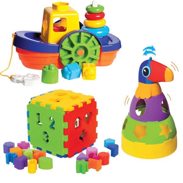 Kit de Brinquedos Educativos Barco + Tucano + Cubo