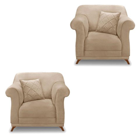 Kit 2 Poltronas Para Sala De Estar Suede Pés Castanho Bege