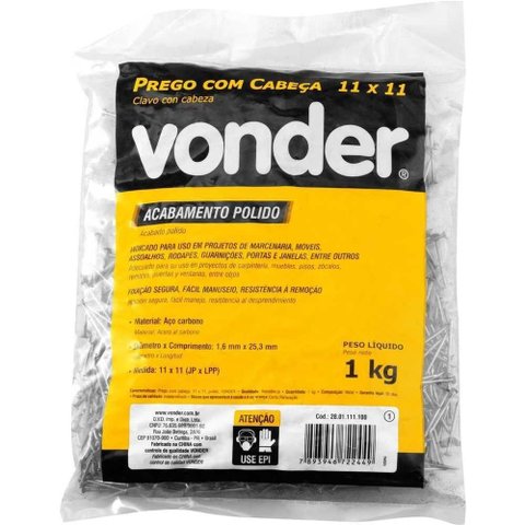 Prego com Cabeça 11 x 11 1 x 16 Polido Fixação Segura Fácil Manuseio Vonder 1kg
