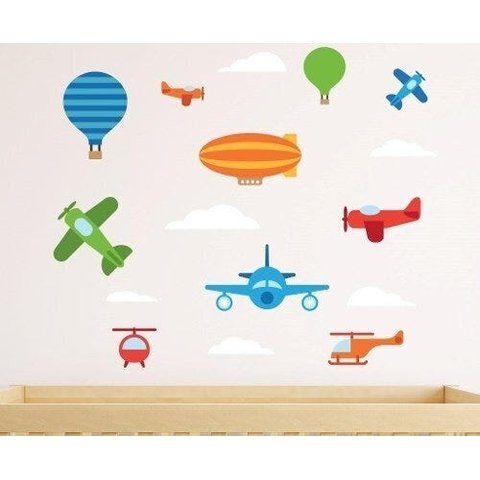 Adesivo De Parede Quarto Aviação Avião Balão Nuvens