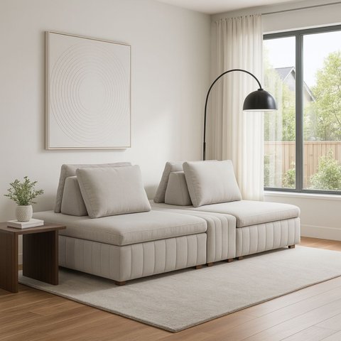 Sofá Ilha Modulado 230cm Divan Boucle Suave Bege Claro com Pés em Madeira Linha Premium