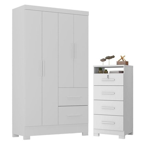 Guarda Roupa Solteiro Primordial Max 4 Portas e Cômoda Primordial Max 4 Gavetas Branco Absoluto