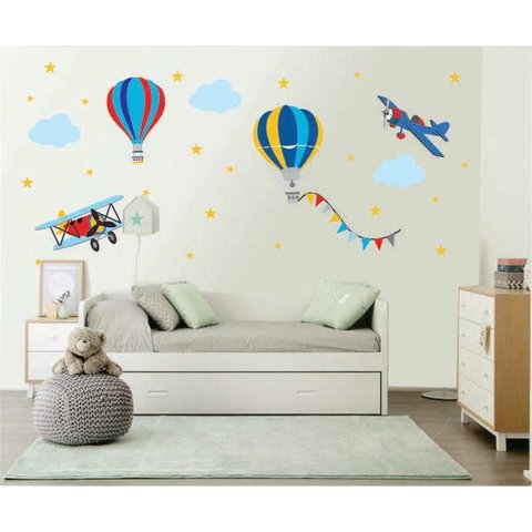 Adesivo Decorativo Infantil Avião Balão Nuvem e Estrelas