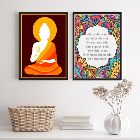 Kit 2 Quadros Místicos Zen Buda Namastê benção 33x24cm - com Vidro:madeira Preta