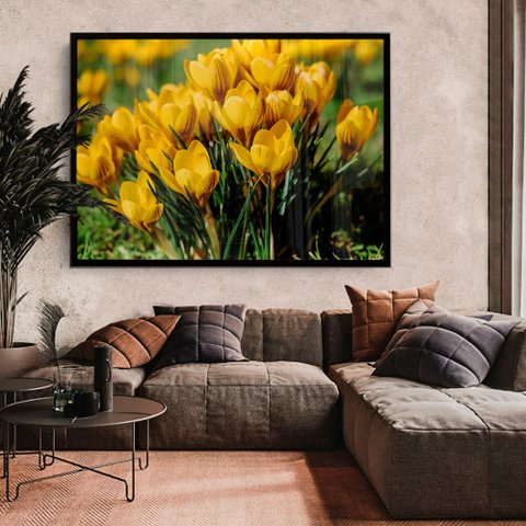 Quadro Decorativo Floral Flores Amarela em Moldura Caixa TaColado Moldura Trad 1cm Branca com Vidro 