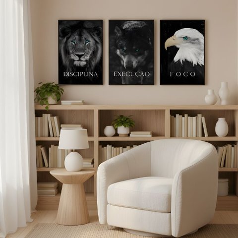 Kit 3 Quadros Disciplina Execução Foco Motivação Moldura:preta