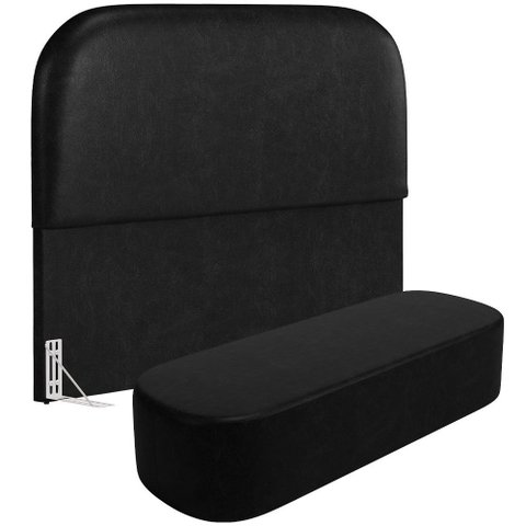 Cabeceira Cama Box Casal 195cm Lanna com Puff Recamier Doha W01 Couríssimo Preto - Lyam Decor