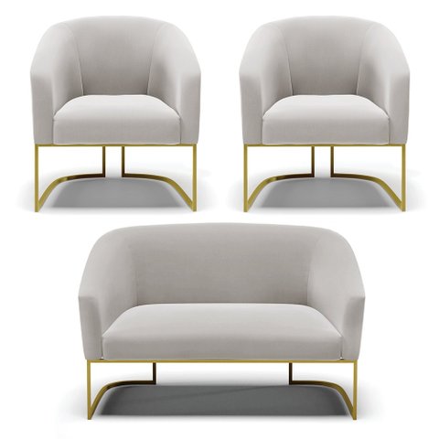 Sofá Namoradeira e 2 Poltronas Base Industrial Dourado Stella Veludo D03 - D’RossiCinza