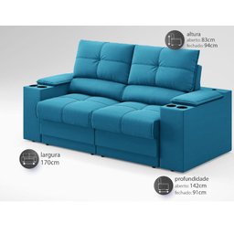 Sofá com Porta Copos e Carregador USB Retrátil e Reclinável Ringo 1,70m Velosuede Royal - - 2