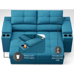 Sofá com Porta Copos e Carregador USB Retrátil e Reclinável Ringo 1,70m Velosuede Royal - - 6