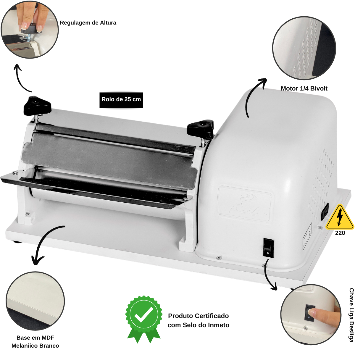 Cilindro Elétrico Laminador de Massa Pizza Pão Rolo 25 Cm - 5