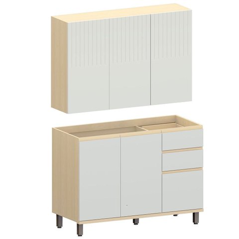 Kit Armário Aéreo 3 Portas e Balcão de Pia 120 Cm Aurora Cinza Cristal Pet/cinza Cristal