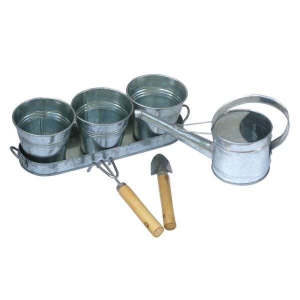 KIT JARDINAGEM - 7 PCS REGADOR BANDEJA VASOS ESPATULA E