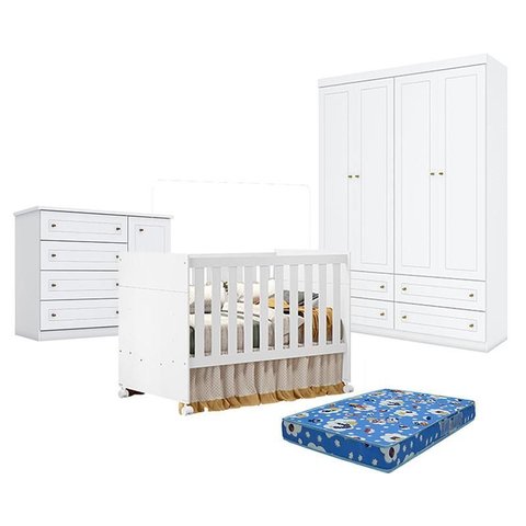 Quarto de Bebê Americano 4 Portas com Berço Americano Katatau Branco Acetinado – Reller - Henn e Col