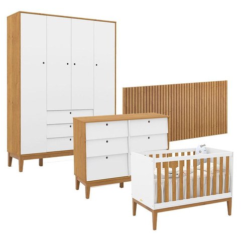 Quarto de Bebê Unique 4 Portas com Cômoda 6 Gavetas e Painel Ripado Branco Soft Freijó Eco Wood - Ma
