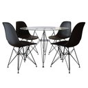 Ver imagem 1 de Mesa de Jantar Eames Eiffel de Ferro Preto Tampo Redondo Vidro 110cm com 4 Cadeiras Pretas