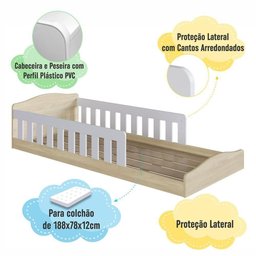 Cama Montessoriana Infantil Solteiro Proteção Lateral Carvalho Branco Encanto Completa Móveis - 2