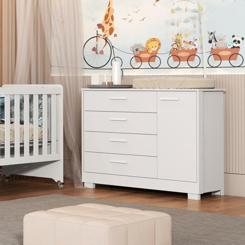 Cômoda para Quato de Bebê 1 Porta e 4 Gavetas Zaki Branco/Fosco
