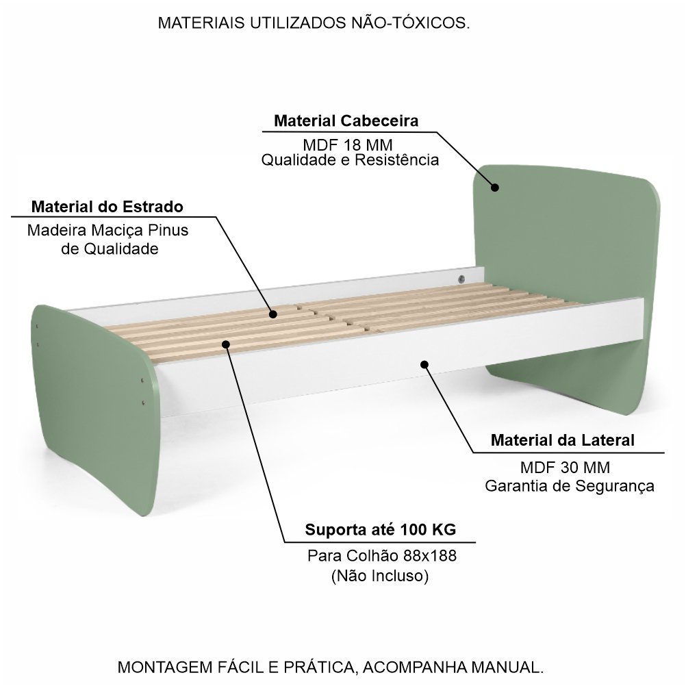 Cama Infantil Solteiro em Mdf e Madeira Arco-íris Verde - Straub Web - 3