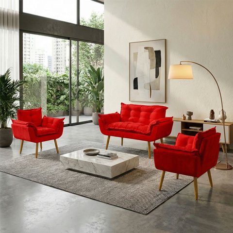 Kit Namoradeira Decorativa e 2 Poltronas Confortável para Sala Recepção Manicure Alice Suede