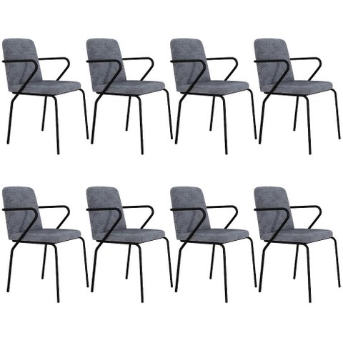 Kit 08 Cadeiras Estofada para Sala de Jantar com Braço Loft Preto C01 Linho Prata - Lyam Decor