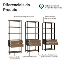 Estante Armário Multiuso para Livros 6 Gavetas 12 Prateleiras 210cm Rustic/preto Madesa - 5
