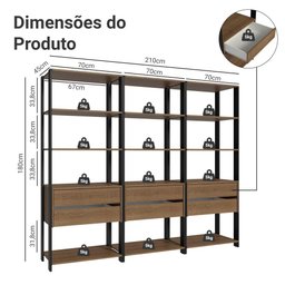Estante Armário Multiuso para Livros 6 Gavetas 12 Prateleiras 210cm Rustic/preto Madesa - 4