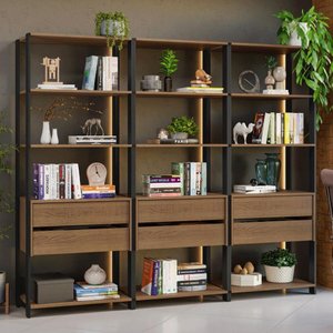 Estante Armário Multiuso para Livros 6 Gavetas 12 Prateleiras 210cm Rustic/preto Madesa