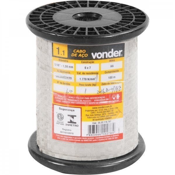 Cabo de aço galvanizado alma de aço 159 mm - 1/16" 6 x 7 Vonder - 2