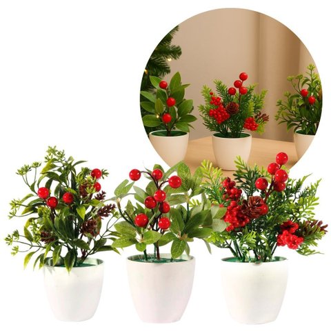 Conjunto 3 Vasos Decorativos Natalinos Folhagens, Pinhas e Berries 23cm Vaso Branco com Pick Natalin
