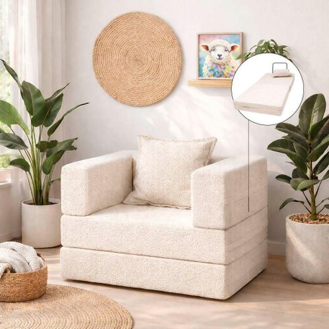 Poltrona Cama Modular Mold Boucle Reclinável Bege com Almofada Loja Sheep