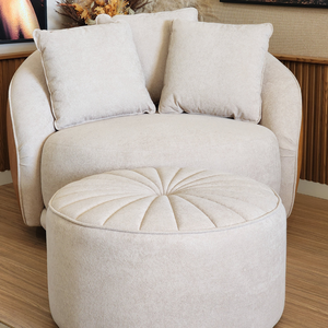 Kit Poltrona Ayla Giratória com Puff, Organico, Redondo, Almofadas, Linho Bege e Sintético