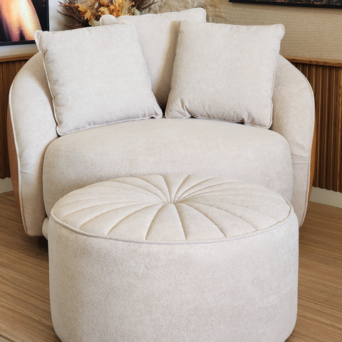 Kit Poltrona Ayla Giratória com Puff, Organico, Redondo, Almofadas, Linho Bege e Sintético