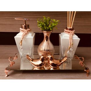 Kit Lavabo Rose Gold Branco 6 Peças Difusor Sabonete Bandeja