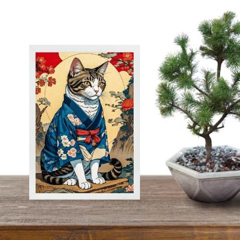 Quadro Decorativo Gato com Kimono Oriental 33x24cm - com Vidro:moldura Branca