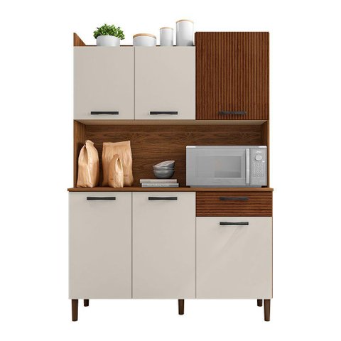 Armário de Cozinha Compacta 6 Portas e 1 Gaveta 121cm Florença Ripado Nogueira-off White -