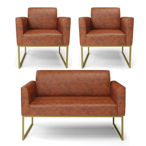 Sofá Namoradeira com 2 Poltronas Base Industrial Dourado Marisa Corano Nozes D03 - D'Rossi