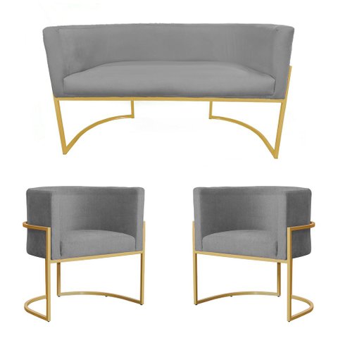 Kit Poltrona e Namoradeira Luana Suede Cinza Base Metálica Dourada - Belliv Decor