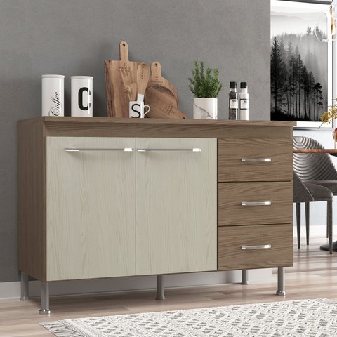 Balcão Modulado para Cozinha com Tampo Fidelitá Paris 120cm 2 Portas 3 Gavetas