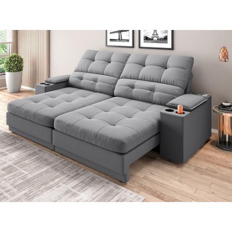 Sofá com Porta Copos e Carregador Usb Eureka 2,00m Assento Retrátil e Reclinável Velosuede -