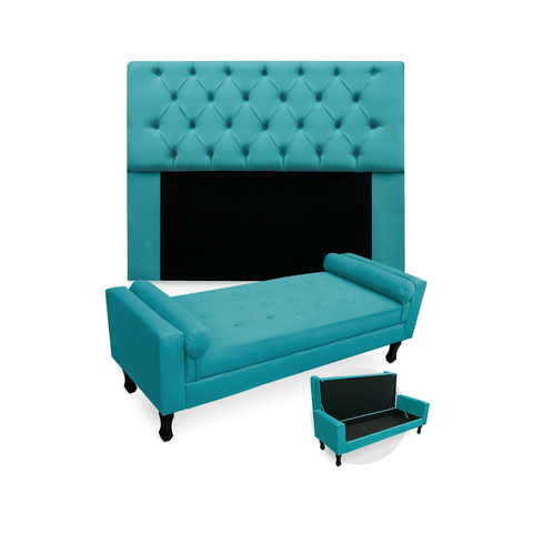 Kit Cabeceira Mirage + Recamier Baú Fenix Queen 160 cm Suede Azul Turquesa