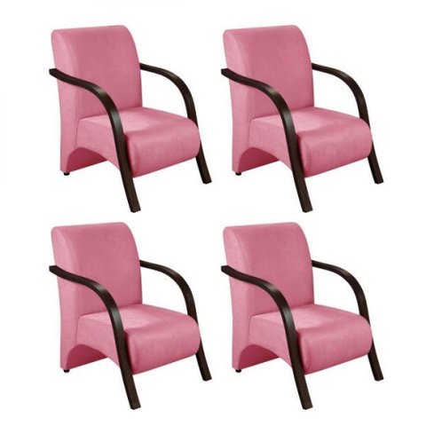 Kit 4 Poltronas 1 Lugar Vênus Pé Alumínio Suede Rosa
